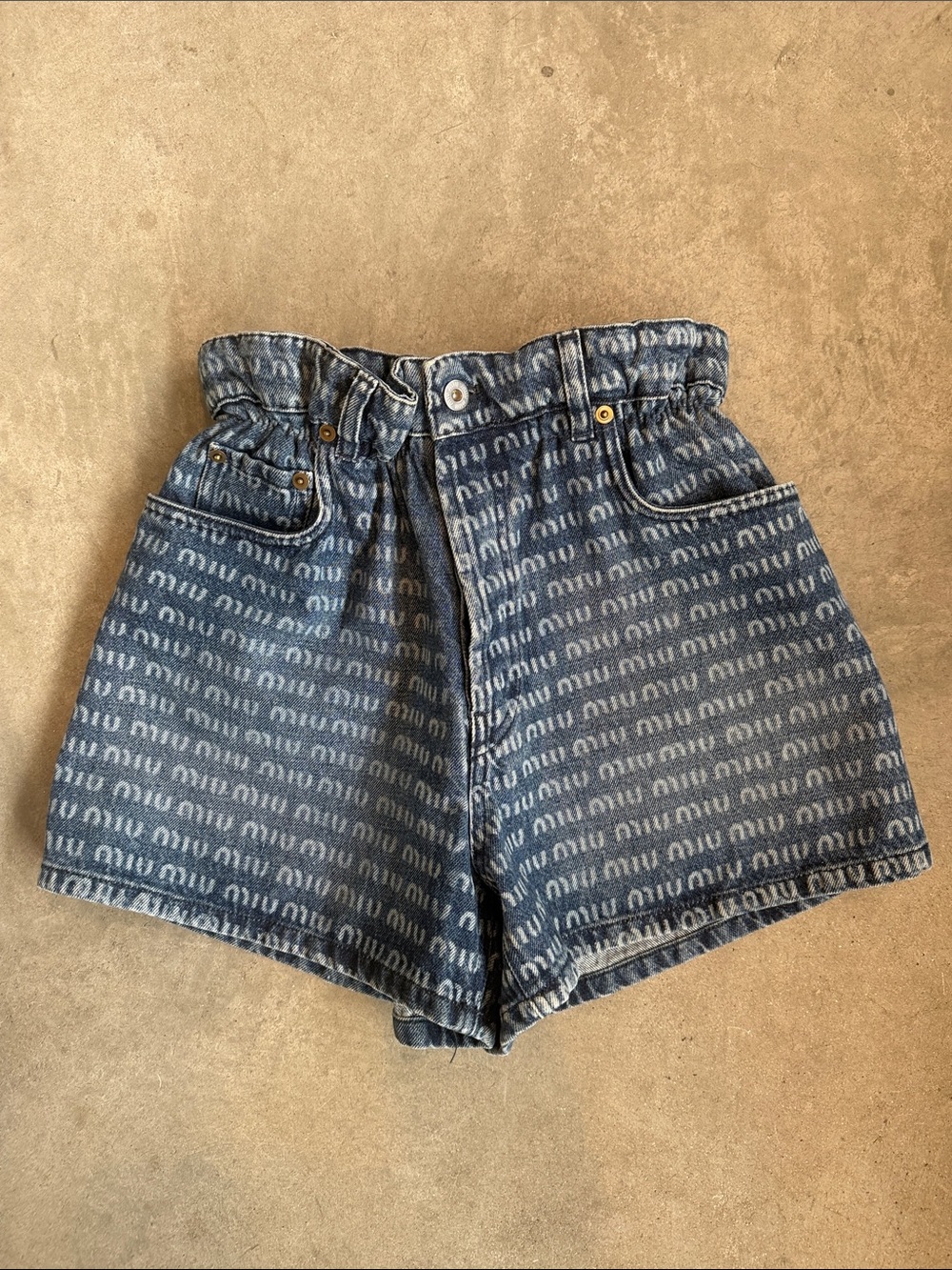 Miu High-Waist Blue Patterned Denim Shorts
